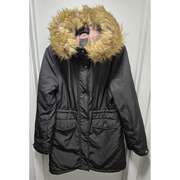 Women's Parka Jacket Large Faux Fur Hooded Full Zip Insulated Forever 21 Black - Picture 1 of 9